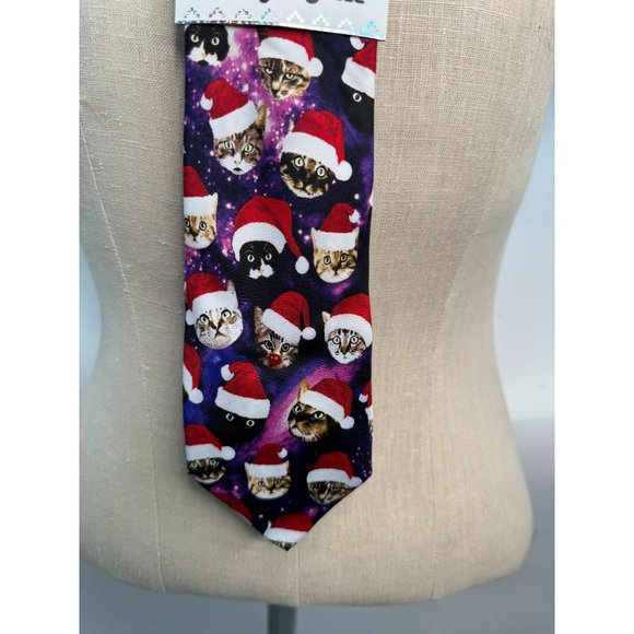 Knotty and Nice Holiday Space Cats Tie OS Purple, red Christmas Cats Space Pol - Picture 16 of 16
